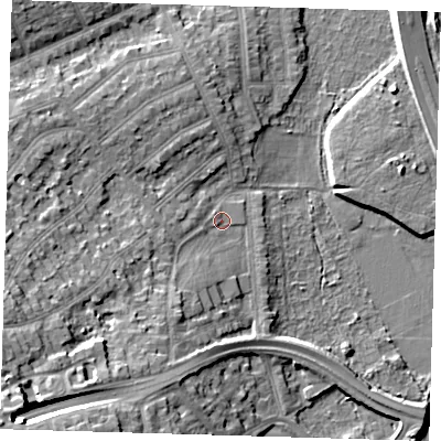 Shaded relief map of the ground around E112JA, computed from Environment Agency LiDAR. The ground here sits at about 11 m above sea level and falls 22 m across the surrounding 800 m. Surface water reaching this point runs off ground lying to the south-west, 14.9 m higher.