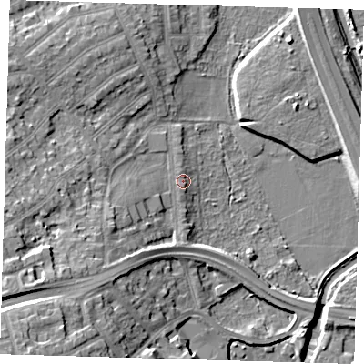 Shaded relief map of the ground around E112JB, computed from Environment Agency LiDAR. The ground here sits at about 11 m above sea level and falls 22 m across the surrounding 800 m. Surface water reaching this point runs off ground lying to the south-west, 10.0 m higher.