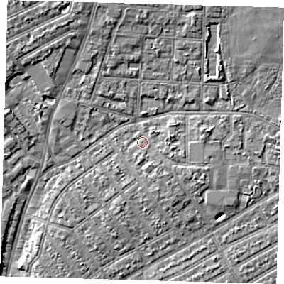 Shaded relief map of the ground around E113PA, computed from Environment Agency LiDAR. The ground here sits at about 15 m above sea level and falls 8 m across the surrounding 800 m. Surface water reaching this point runs off ground lying to the south-south-east, 1.8 m higher.