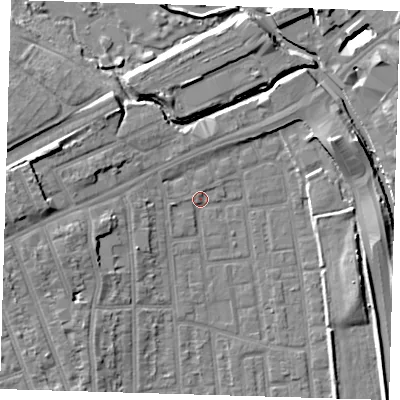 Shaded relief map of the ground around E125AE, computed from Environment Agency LiDAR. The ground here sits at about 4 m above sea level and falls 10 m across the surrounding 800 m. Surface water reaching this point runs off ground lying to the west, 7.6 m higher.