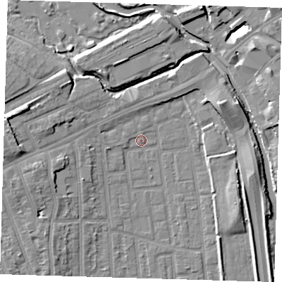 Shaded relief map of the ground around E125AH, computed from Environment Agency LiDAR. The ground here sits at about 4 m above sea level and falls 10 m across the surrounding 800 m. Surface water reaching this point runs off ground lying to the west, 7.1 m higher.