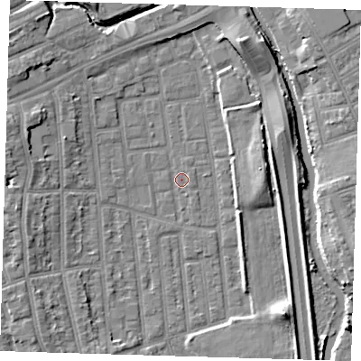 Shaded relief map of the ground around E125BF, computed from Environment Agency LiDAR. The ground here sits at about 4 m above sea level and falls 8 m across the surrounding 800 m. Surface water reaching this point runs off ground lying to the north-north-east, 7.2 m higher.