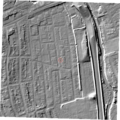 Shaded relief map of the ground around E125BN, computed from Environment Agency LiDAR. The ground here sits at about 4 m above sea level and falls 8 m across the surrounding 800 m. Surface water reaching this point runs off ground lying to the north-north-east, 6.5 m higher.