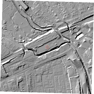 Shaded relief map of the ground around E125LN, computed from Environment Agency LiDAR. The ground here sits at about 8 m above sea level and falls 11 m across the surrounding 800 m. Surface water reaching this point runs off ground lying to the west, 2.3 m higher.