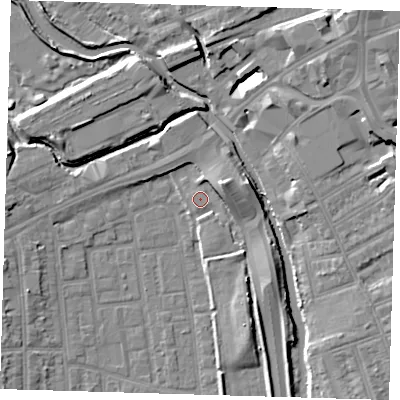 Shaded relief map of the ground around E125LP, computed from Environment Agency LiDAR. The ground here sits at about 5 m above sea level and falls 12 m across the surrounding 800 m. Surface water reaching this point runs off ground lying to the east-north-east, 4.9 m higher.