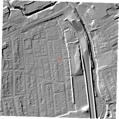 Shaded relief map of the ground around E125LZ, computed from Environment Agency LiDAR. The ground here sits at about 3 m above sea level and falls 9 m across the surrounding 800 m. Surface water reaching this point runs off ground lying to the north-east, 3.9 m higher.