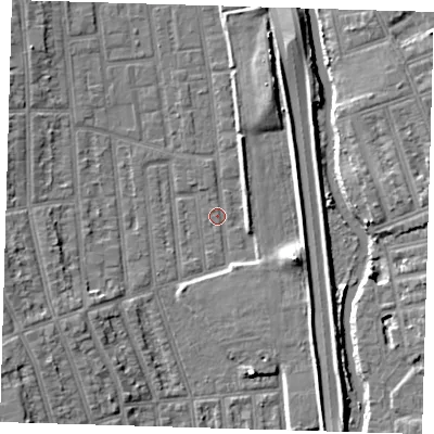 Shaded relief map of the ground around E125NB, computed from Environment Agency LiDAR. The ground here sits at about 3 m above sea level and falls 8 m across the surrounding 800 m. Surface water reaching this point runs off ground lying to the north-north-east, 5.5 m higher.