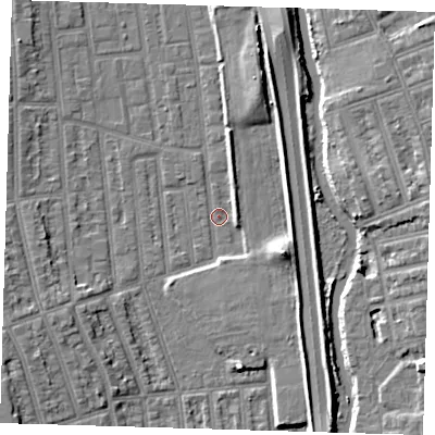 Shaded relief map of the ground around E125ND, computed from Environment Agency LiDAR. The ground here sits at about 3 m above sea level and falls 8 m across the surrounding 800 m. Surface water reaching this point runs off ground lying to the east-south-east, 6.9 m higher.