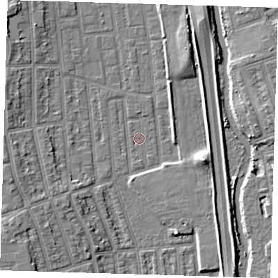 Shaded relief map of the ground around E125NJ, computed from Environment Agency LiDAR. The ground here sits at about 3 m above sea level and falls 8 m across the surrounding 800 m. Surface water reaching this point runs off ground lying to the west-north-west, 0.7 m higher.