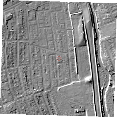 Shaded relief map of the ground around E125NN, computed from Environment Agency LiDAR. The ground here sits at about 4 m above sea level and falls 7 m across the surrounding 800 m. Surface water reaching this point runs off ground lying to the west-north-west, 0.8 m higher.