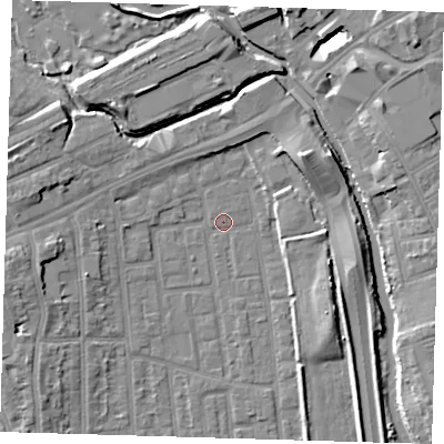Shaded relief map of the ground around E125NP, computed from Environment Agency LiDAR. The ground here sits at about 4 m above sea level and falls 11 m across the surrounding 800 m. Surface water reaching this point runs off ground lying to the north-east, 7.0 m higher.
