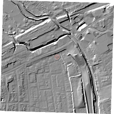 Shaded relief map of the ground around E125NT, computed from Environment Agency LiDAR. The ground here sits at about 4 m above sea level and falls 12 m across the surrounding 800 m. Surface water reaching this point runs off ground lying to the east, 6.5 m higher.