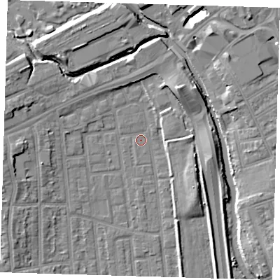 Shaded relief map of the ground around E125NW, computed from Environment Agency LiDAR. The ground here sits at about 4 m above sea level and falls 10 m across the surrounding 800 m. Surface water reaching this point runs off ground lying to the north-east, 7.0 m higher.