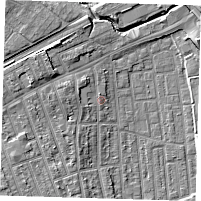 Shaded relief map of the ground around E125PA, computed from Environment Agency LiDAR. The ground here sits at about 6 m above sea level and falls 9 m across the surrounding 800 m. Surface water reaching this point runs off ground lying to the west-north-west, 3.1 m higher.