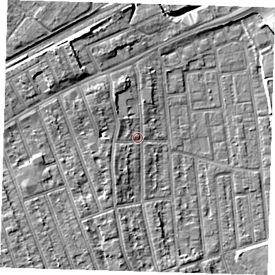 Shaded relief map of the ground around E125PD, computed from Environment Agency LiDAR. The ground here sits at about 6 m above sea level and falls 9 m across the surrounding 800 m. Surface water reaching this point runs off ground lying to the south-west, 5.8 m higher.