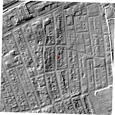 Shaded relief map of the ground around E125PE, computed from Environment Agency LiDAR. The ground here sits at about 5 m above sea level and falls 9 m across the surrounding 800 m. Surface water reaching this point runs off ground lying to the west, 5.5 m higher.