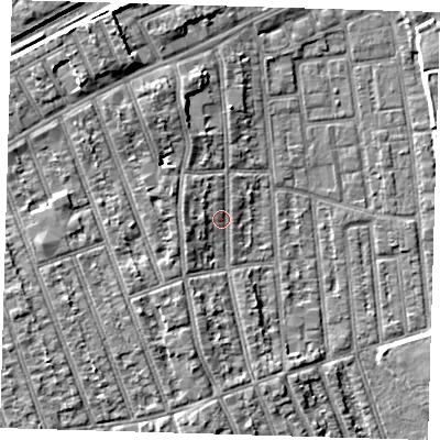 Shaded relief map of the ground around E125PF, computed from Environment Agency LiDAR. The ground here sits at about 6 m above sea level and falls 9 m across the surrounding 800 m. Surface water reaching this point runs off ground lying to the west-south-west, 5.8 m higher.