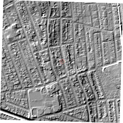 Shaded relief map of the ground around E125PH, computed from Environment Agency LiDAR. The ground here sits at about 7 m above sea level and falls 9 m across the surrounding 800 m. Surface water reaching this point runs off ground lying to the west, 4.9 m higher.
