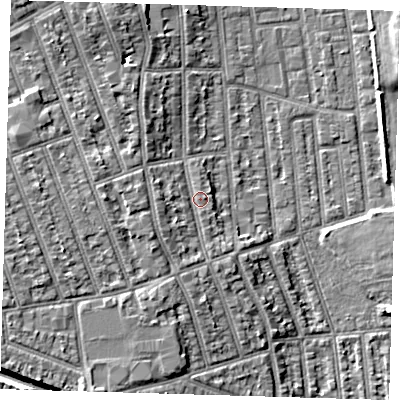 Shaded relief map of the ground around E125PQ, computed from Environment Agency LiDAR. The ground here sits at about 6 m above sea level and falls 9 m across the surrounding 800 m. Surface water reaching this point runs off ground lying to the west-north-west, 4.7 m higher.
