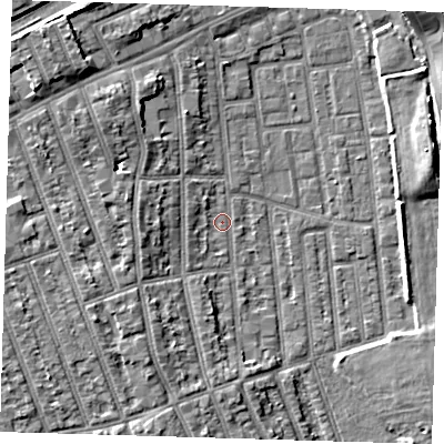 Shaded relief map of the ground around E125QG, computed from Environment Agency LiDAR. The ground here sits at about 4 m above sea level and falls 10 m across the surrounding 800 m. Surface water reaching this point runs off ground lying to the west, 6.5 m higher.