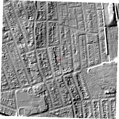 Shaded relief map of the ground around E125QH, computed from Environment Agency LiDAR. The ground here sits at about 5 m above sea level and falls 9 m across the surrounding 800 m. Surface water reaching this point runs off ground lying to the south-west, 2.7 m higher.
