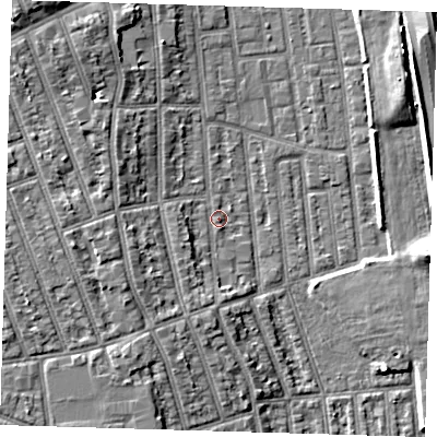 Shaded relief map of the ground around E125QJ, computed from Environment Agency LiDAR. The ground here sits at about 4 m above sea level and falls 9 m across the surrounding 800 m. Surface water reaching this point runs off ground lying to the south-west, 3.2 m higher.
