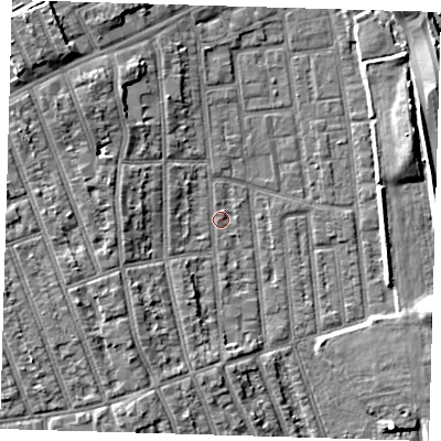 Shaded relief map of the ground around E125QQ, computed from Environment Agency LiDAR. The ground here sits at about 4 m above sea level and falls 9 m across the surrounding 800 m. Surface water reaching this point runs off ground lying to the west, 6.3 m higher.