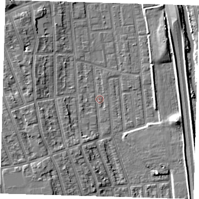 Shaded relief map of the ground around E125QR, computed from Environment Agency LiDAR. The ground here sits at about 3 m above sea level and falls 9 m across the surrounding 800 m. Surface water reaching this point runs off ground lying to the west-south-west, 6.8 m higher.
