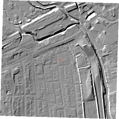 Shaded relief map of the ground around E125RA, computed from Environment Agency LiDAR. The ground here sits at about 4 m above sea level and falls 11 m across the surrounding 800 m. Surface water reaching this point runs off ground lying to the west-north-west, 8.0 m higher.