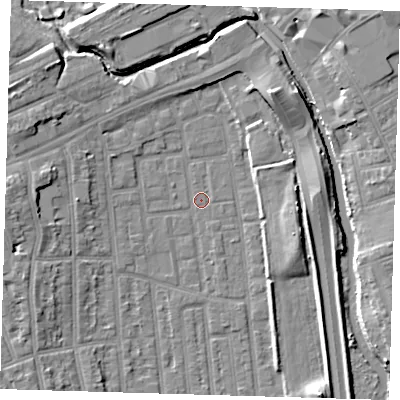 Shaded relief map of the ground around E125RF, computed from Environment Agency LiDAR. The ground here sits at about 4 m above sea level and falls 8 m across the surrounding 800 m. Surface water reaching this point runs off ground lying to the north-east, 7.0 m higher.