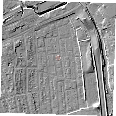 Shaded relief map of the ground around E125RG, computed from Environment Agency LiDAR. The ground here sits at about 4 m above sea level and falls 9 m across the surrounding 800 m. Surface water reaching this point runs off ground lying to the west-north-west, 8.8 m higher.