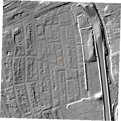 Shaded relief map of the ground around E125RH, computed from Environment Agency LiDAR. The ground here sits at about 4 m above sea level and falls 8 m across the surrounding 800 m. Surface water reaching this point runs off ground lying to the north-west, 6.7 m higher.