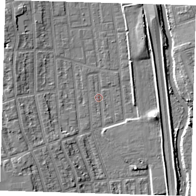 Shaded relief map of the ground around E125RL, computed from Environment Agency LiDAR. The ground here sits at about 3 m above sea level and falls 7 m across the surrounding 800 m. Surface water reaching this point runs off ground lying to the north-east, 0.9 m higher.