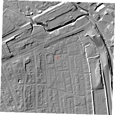 Shaded relief map of the ground around E125RP, computed from Environment Agency LiDAR. The ground here sits at about 4 m above sea level and falls 10 m across the surrounding 800 m. Surface water reaching this point runs off ground lying to the west, 7.3 m higher.