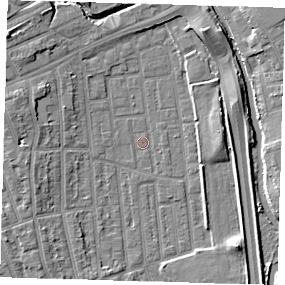 Shaded relief map of the ground around E125RQ, computed from Environment Agency LiDAR. The ground here sits at about 4 m above sea level and falls 9 m across the surrounding 800 m. Surface water reaching this point runs off ground lying to the south, 0.7 m higher.