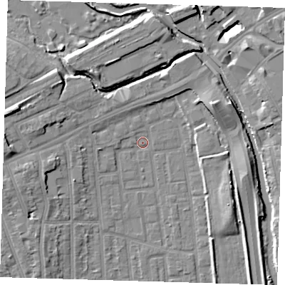 Shaded relief map of the ground around E125RS, computed from Environment Agency LiDAR. The ground here sits at about 4 m above sea level and falls 10 m across the surrounding 800 m. Surface water reaching this point runs off ground lying to the west-north-west, 8.5 m higher.