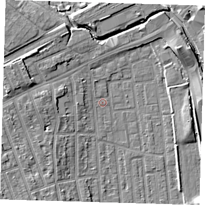 Shaded relief map of the ground around E125RU, computed from Environment Agency LiDAR. The ground here sits at about 4 m above sea level and falls 9 m across the surrounding 800 m. Surface water reaching this point runs off ground lying to the west-north-west, 7.4 m higher.
