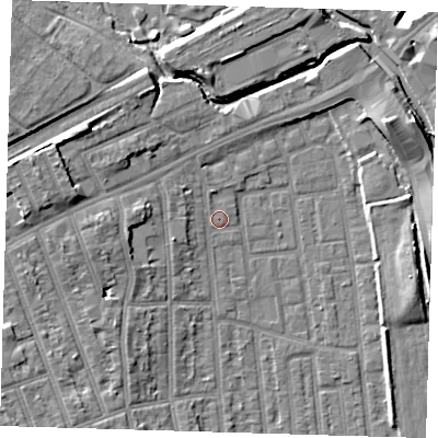 Shaded relief map of the ground around E125RX, computed from Environment Agency LiDAR. The ground here sits at about 5 m above sea level and falls 10 m across the surrounding 800 m. Surface water reaching this point runs off ground lying to the west-north-west, 7.4 m higher.