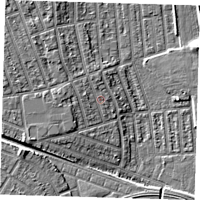 Shaded relief map of the ground around E126HH, computed from Environment Agency LiDAR. The ground here sits at about 6 m above sea level and falls 9 m across the surrounding 800 m. Surface water reaching this point runs off ground lying to the west-north-west, 1.9 m higher.