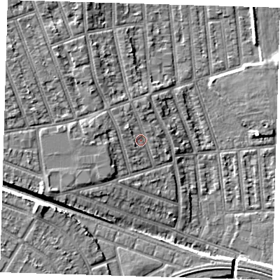 Shaded relief map of the ground around E126HJ, computed from Environment Agency LiDAR. The ground here sits at about 6 m above sea level and falls 9 m across the surrounding 800 m. Surface water reaching this point runs off ground lying to the north-west, 2.0 m higher.