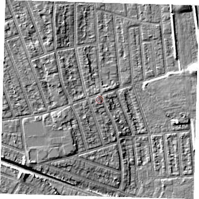 Shaded relief map of the ground around E126HL, computed from Environment Agency LiDAR. The ground here sits at about 7 m above sea level and falls 9 m across the surrounding 800 m. Surface water reaching this point runs off ground lying to the west-south-west, 1.3 m higher.