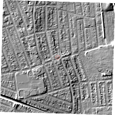 Shaded relief map of the ground around E126HN, computed from Environment Agency LiDAR. The ground here sits at about 7 m above sea level and falls 9 m across the surrounding 800 m. Surface water reaching this point runs off ground lying to the south-south-west, 1.2 m higher.