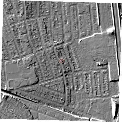 Shaded relief map of the ground around E126HP, computed from Environment Agency LiDAR. The ground here sits at about 6 m above sea level and falls 9 m across the surrounding 800 m. Surface water reaching this point runs off ground lying to the north-west, 2.1 m higher.