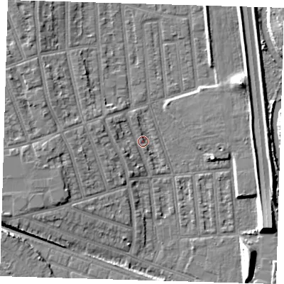 Shaded relief map of the ground around E126HR, computed from Environment Agency LiDAR. The ground here sits at about 4 m above sea level and falls 9 m across the surrounding 800 m. Surface water reaching this point runs off ground lying to the west-north-west, 2.7 m higher.