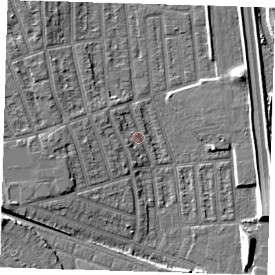 Shaded relief map of the ground around E126HS, computed from Environment Agency LiDAR. The ground here sits at about 4 m above sea level and falls 9 m across the surrounding 800 m. Surface water reaching this point runs off ground lying to the north-west, 2.7 m higher.