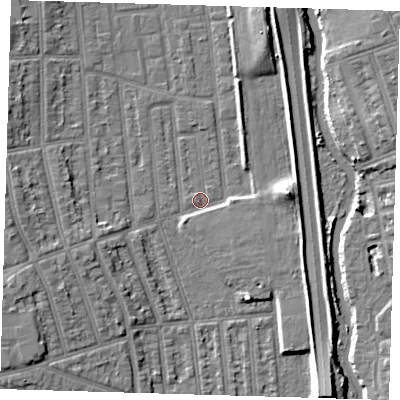 Shaded relief map of the ground around E126HT, computed from Environment Agency LiDAR. The ground here sits at about 3 m above sea level and falls 9 m across the surrounding 800 m. Surface water reaching this point runs off ground lying to the south-south-east, 7.9 m higher.