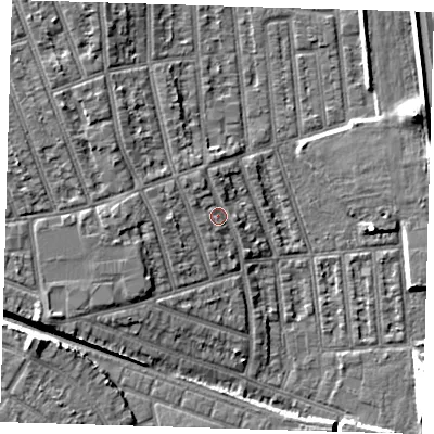 Shaded relief map of the ground around E126HW, computed from Environment Agency LiDAR. The ground here sits at about 6 m above sea level and falls 9 m across the surrounding 800 m. Surface water reaching this point runs off ground lying to the north-west, 2.0 m higher.