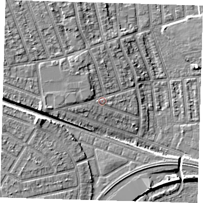 Shaded relief map of the ground around E126JA, computed from Environment Agency LiDAR. The ground here sits at about 7 m above sea level and falls 9 m across the surrounding 800 m. Surface water reaching this point runs off ground lying to the west, 3.7 m higher.