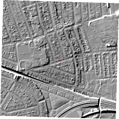 Shaded relief map of the ground around E126JB, computed from Environment Agency LiDAR. The ground here sits at about 6 m above sea level and falls 9 m across the surrounding 800 m. Surface water reaching this point runs off ground lying to the west-south-west, 4.5 m higher.