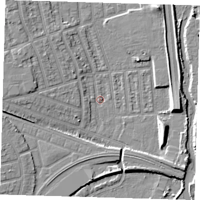Shaded relief map of the ground around E126JD, computed from Environment Agency LiDAR. The ground here sits at about 3 m above sea level and falls 9 m across the surrounding 800 m. Surface water reaching this point runs off ground lying to the west-south-west, 2.5 m higher.
